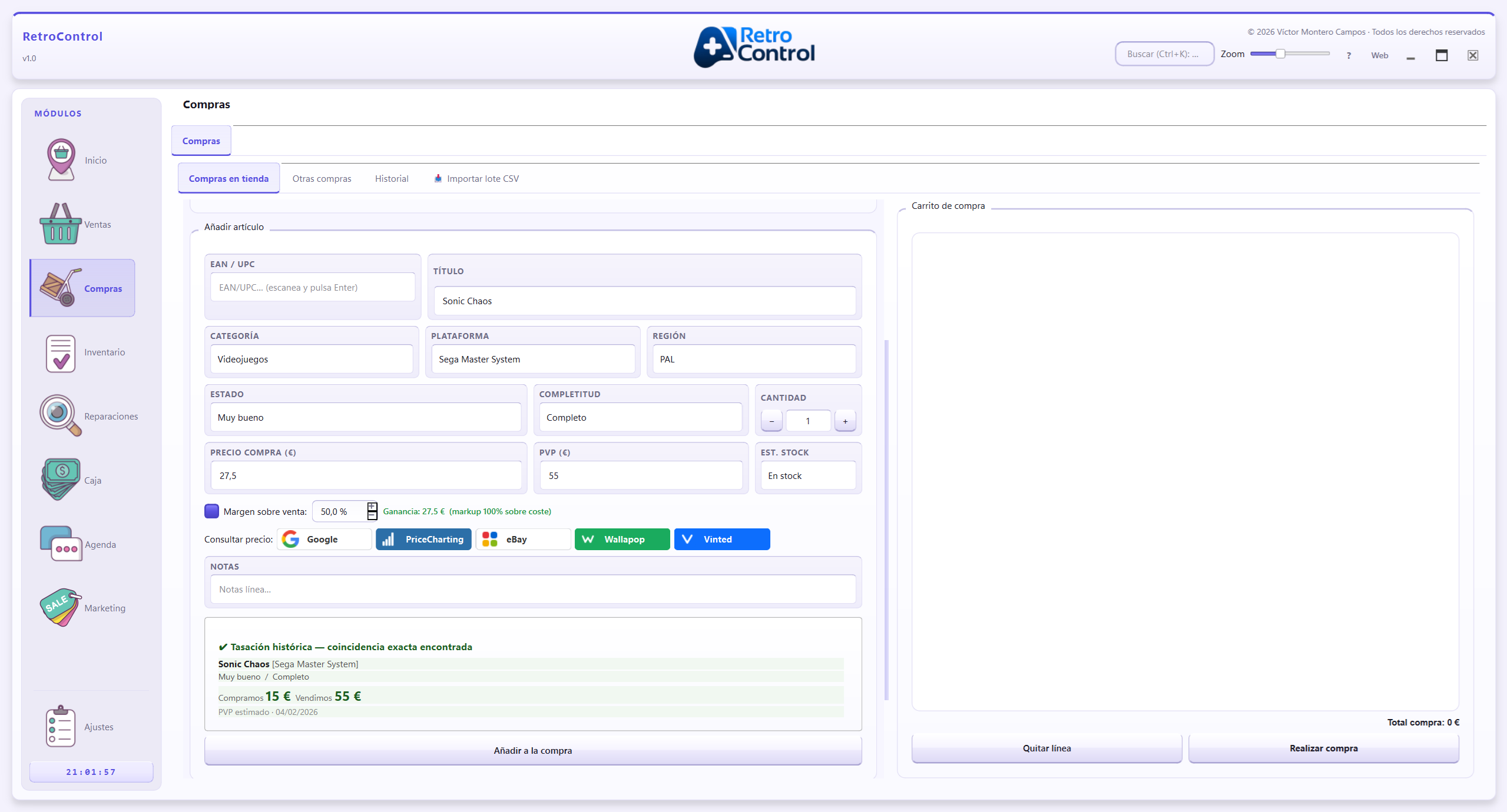 Pantalla de compra — tasación histórica y calculador de margen