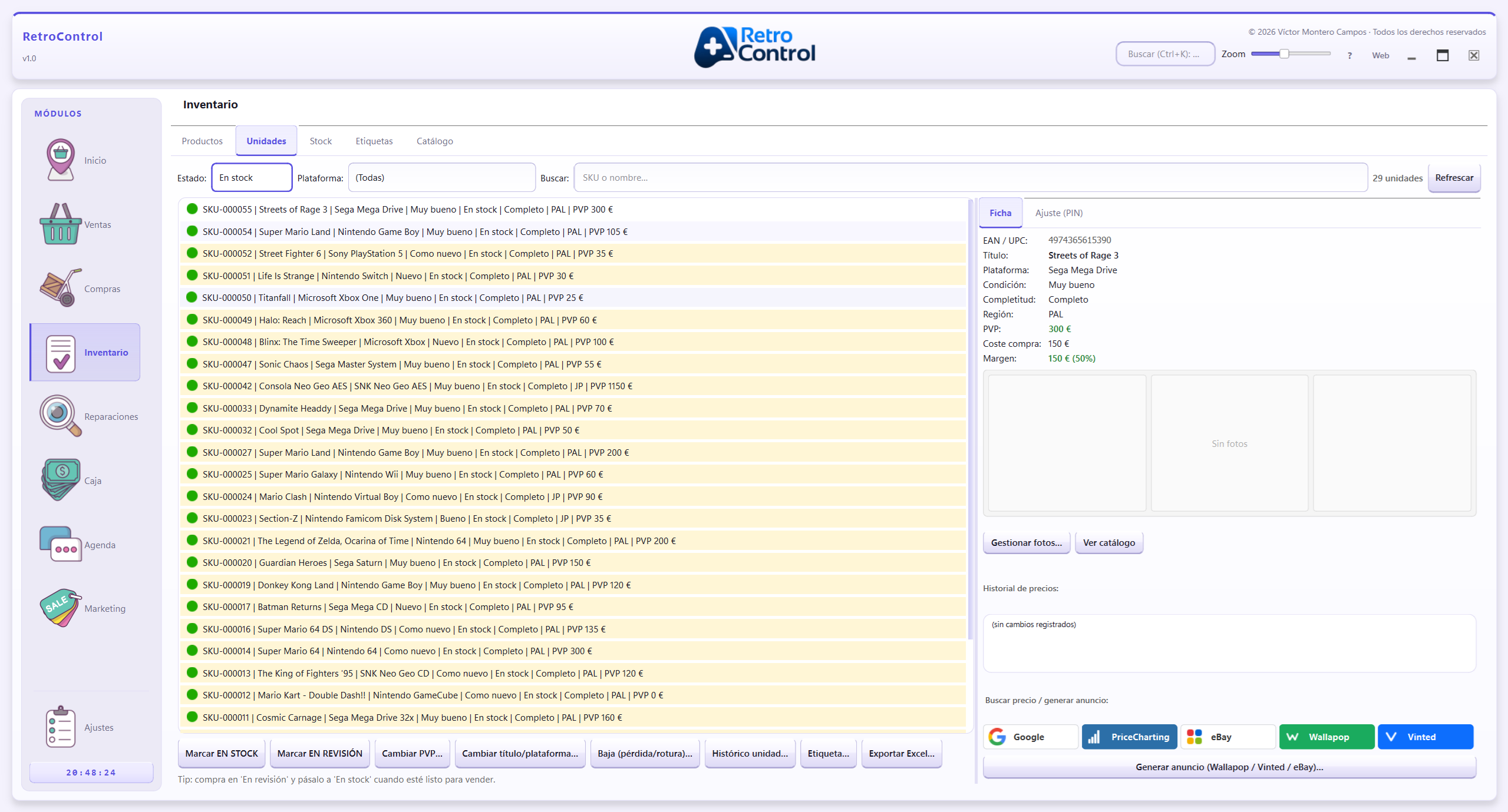 Inventario — listado de unidades